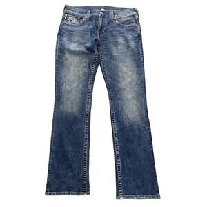 TRUE RELIGION Men's Distressed Section Straight Seat Blue Jeans 36x34